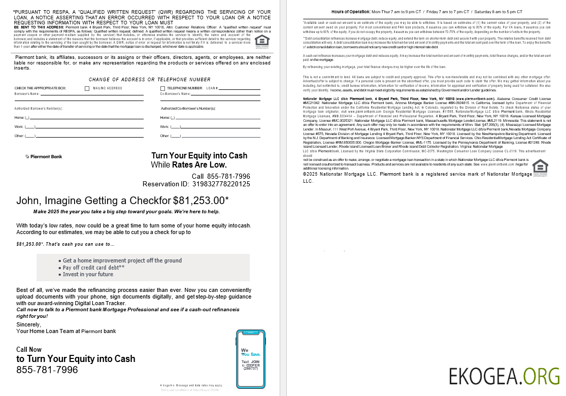 États , Unis New York Relevé de prêt hypothécaire de la banque Piermont aux formats Word et PDF, 4 pages 3, 4